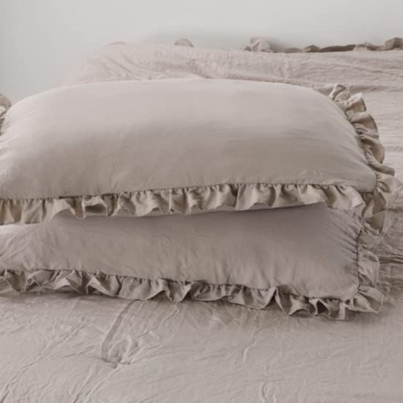 Ecru Twin Size Bed Comforter Set Taupe Shabby Chic Ruffle Bedding Stonewashed - Picture 5 of 11